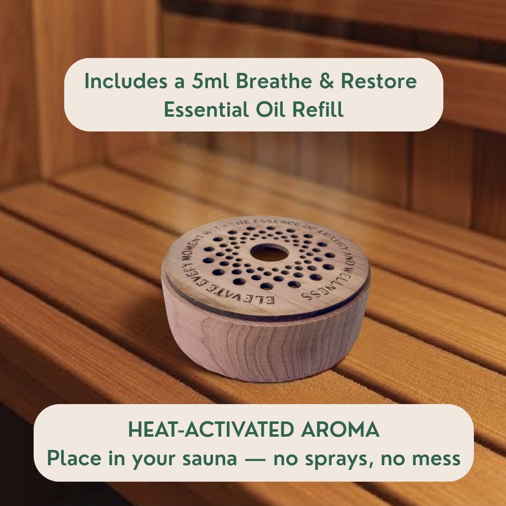 Heat-activated aroma diffuser on a wooden surface with text about essential oil refill and sauna use.