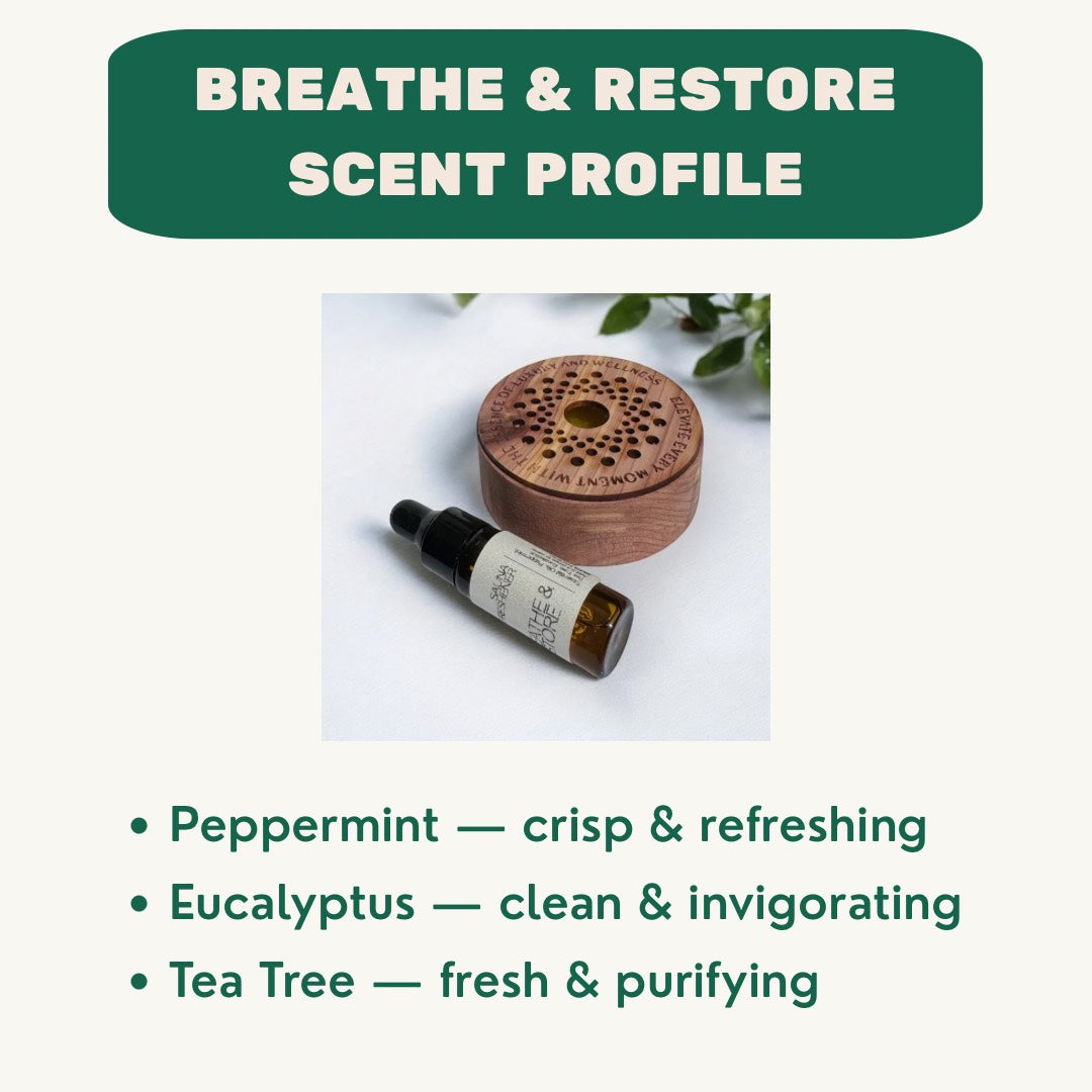 Essential Oil bottle and cedar wooden sauna diffuser with 'Breathe & Restore' text and scent profile description.