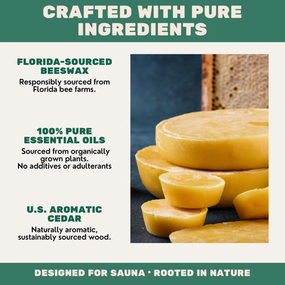 Sauna freshener made with beeswax, essential oils, and cedar wood, labeled as 'crafted with pure ingredients'