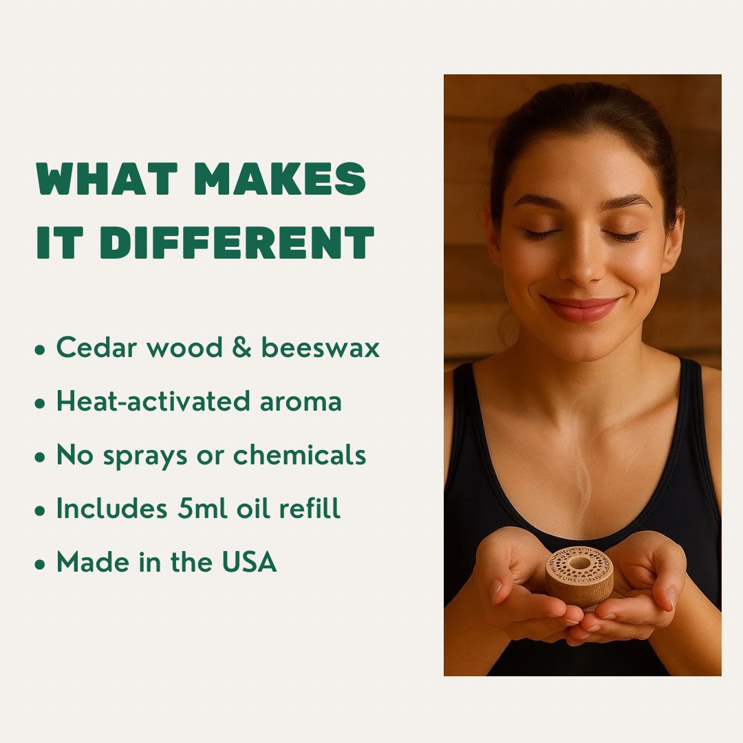 Woman holding a wooden sauna freshener with text about its features on a white background
