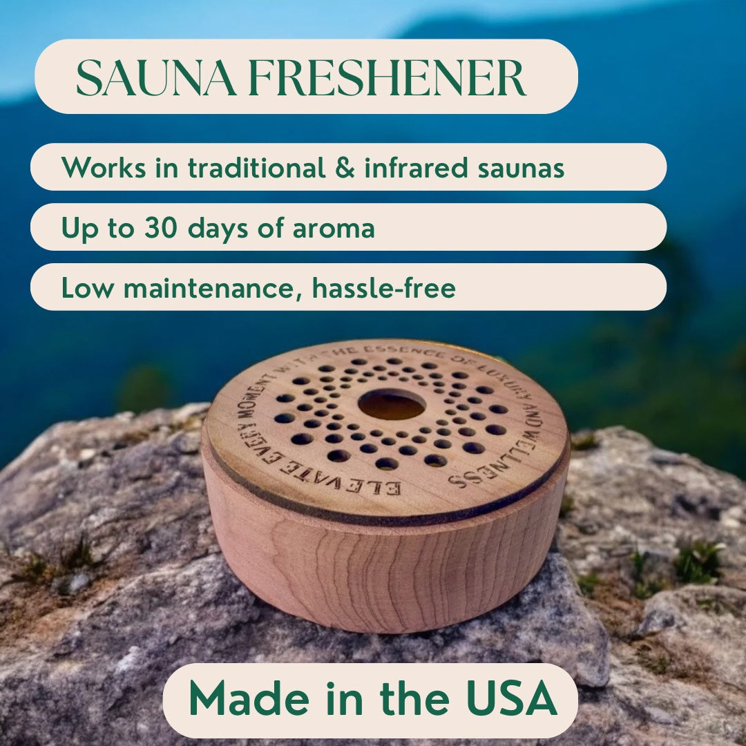 Wooden sauna fresher on a rock with scenic background
