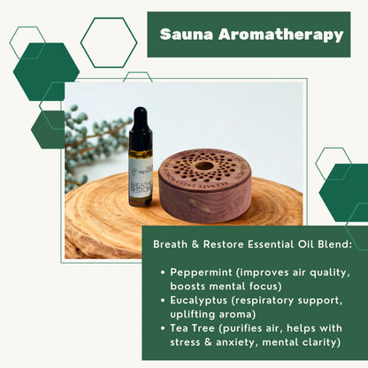 Sauna aromatherapy setup with essential oil blend and diffuser on a wooden surface.
