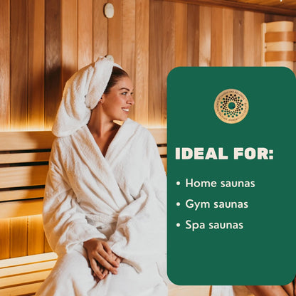 Woman in a white robe sitting in a sauna with text indicating ideal use in home saunas, gym saunas and spa saunas.