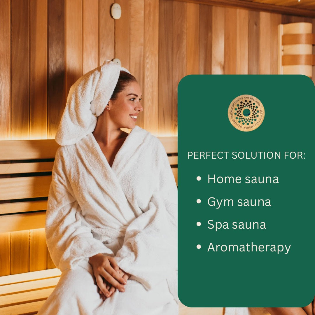 Cedar sauna freshener with text overlay highlighting ideal use in home saunas, fitness gyms, and wellness studios
