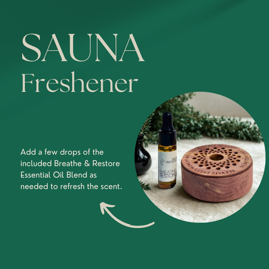 Cedar sauna freshener with essential oil and text overlay explaining how to use the included refill to refresh the scent