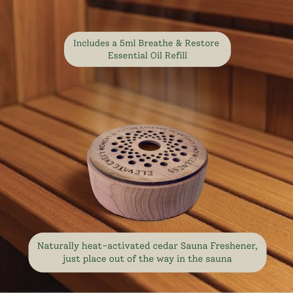 Cedar sauna freshener placed in a sauna with text overlay explaining how to use the diffuser and essential oil refill