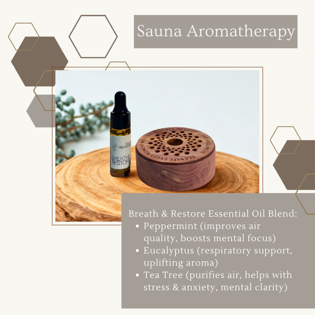 Sauna freshener with text overlay showing essential oil blend of eucalyptus, peppermint, and tea tree for freshness and clarity